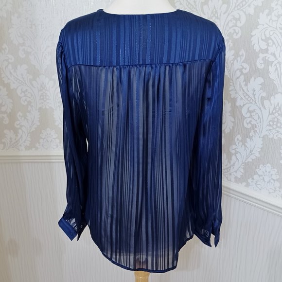 Faded Glory Navy Blue Sheer Long Sleeve Blouse Top Boho Chic Tassel Tie Small - Picture 3 of 4